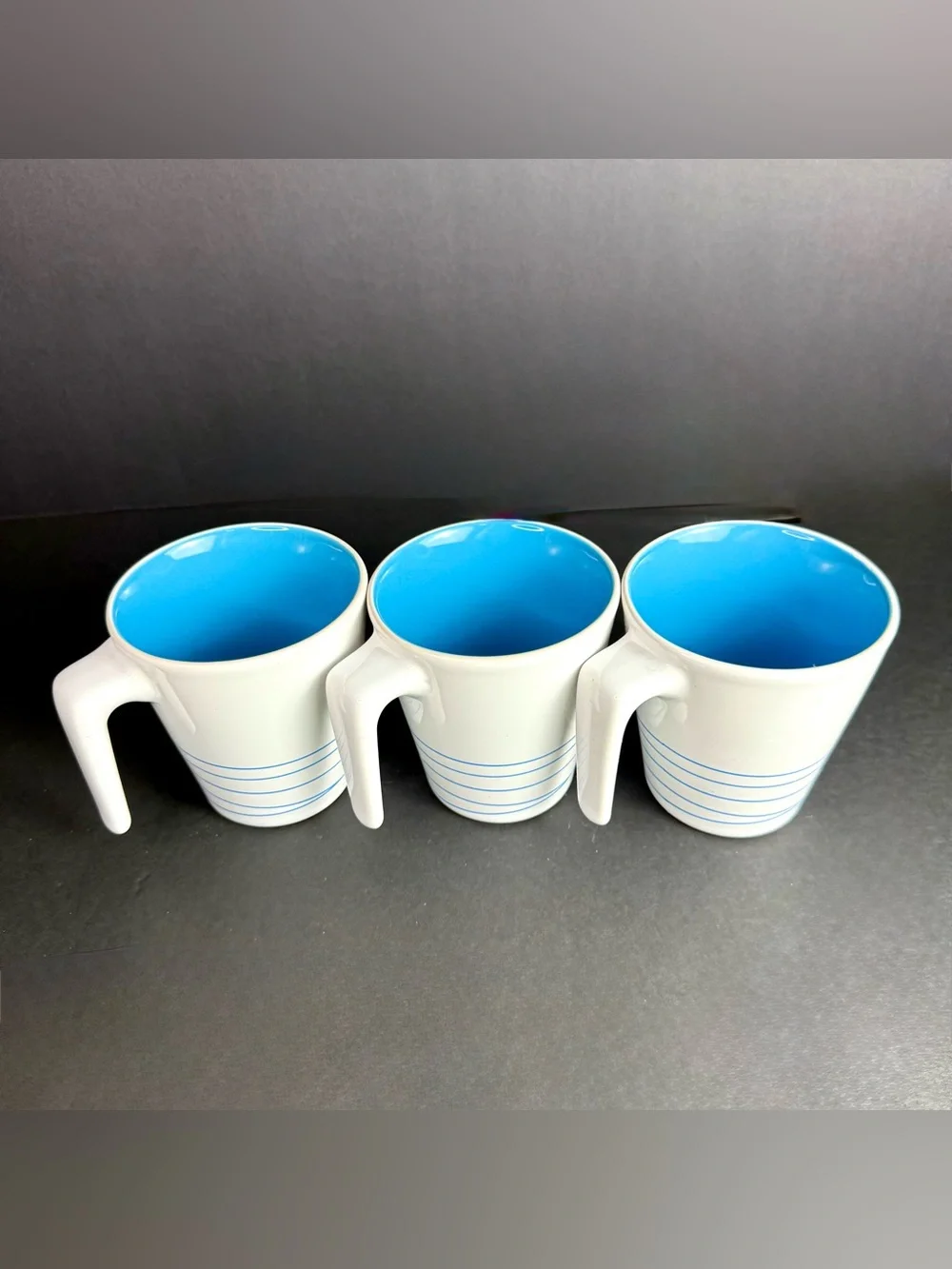 3 IKEA Hurrig Mugs White/Sky Blue Coffee Tea Cup Stackable Stick Handle Retired